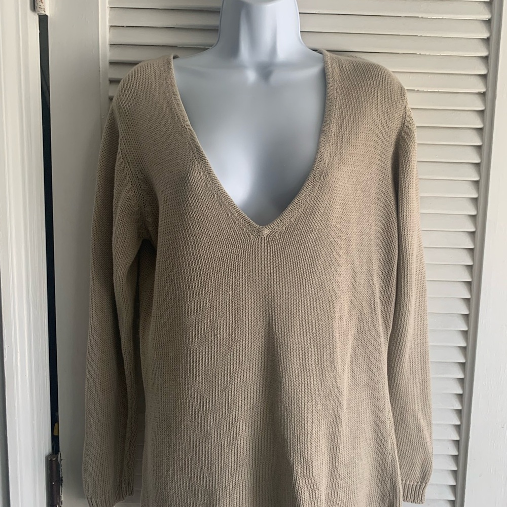 Elegant V-Neck Linen Blend Ecru Sweater Size Small